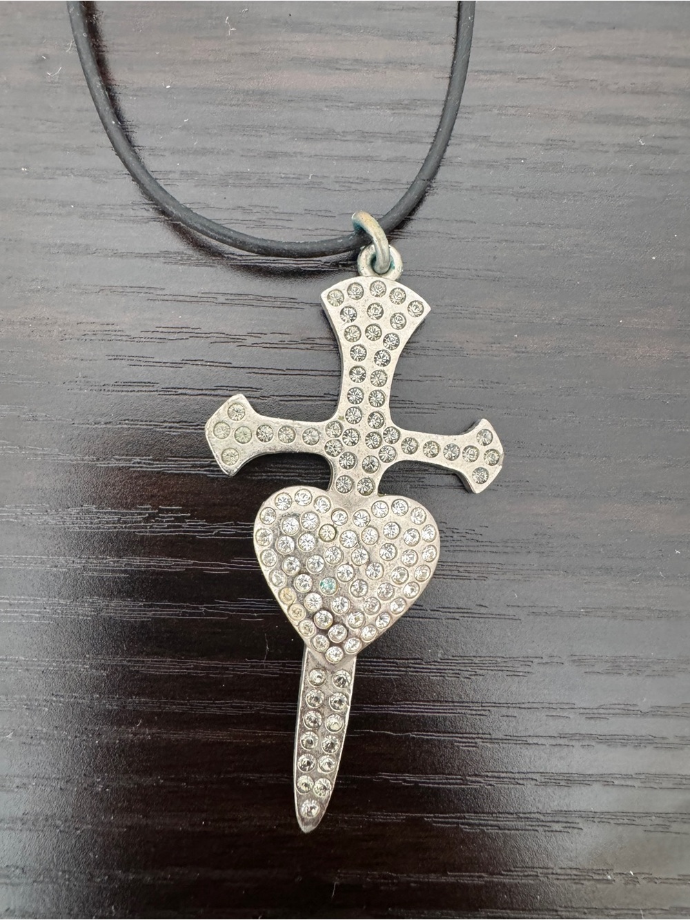 SiSi Amber Cross Heart Pendant Necklace Black Cord Rhinestone Signed